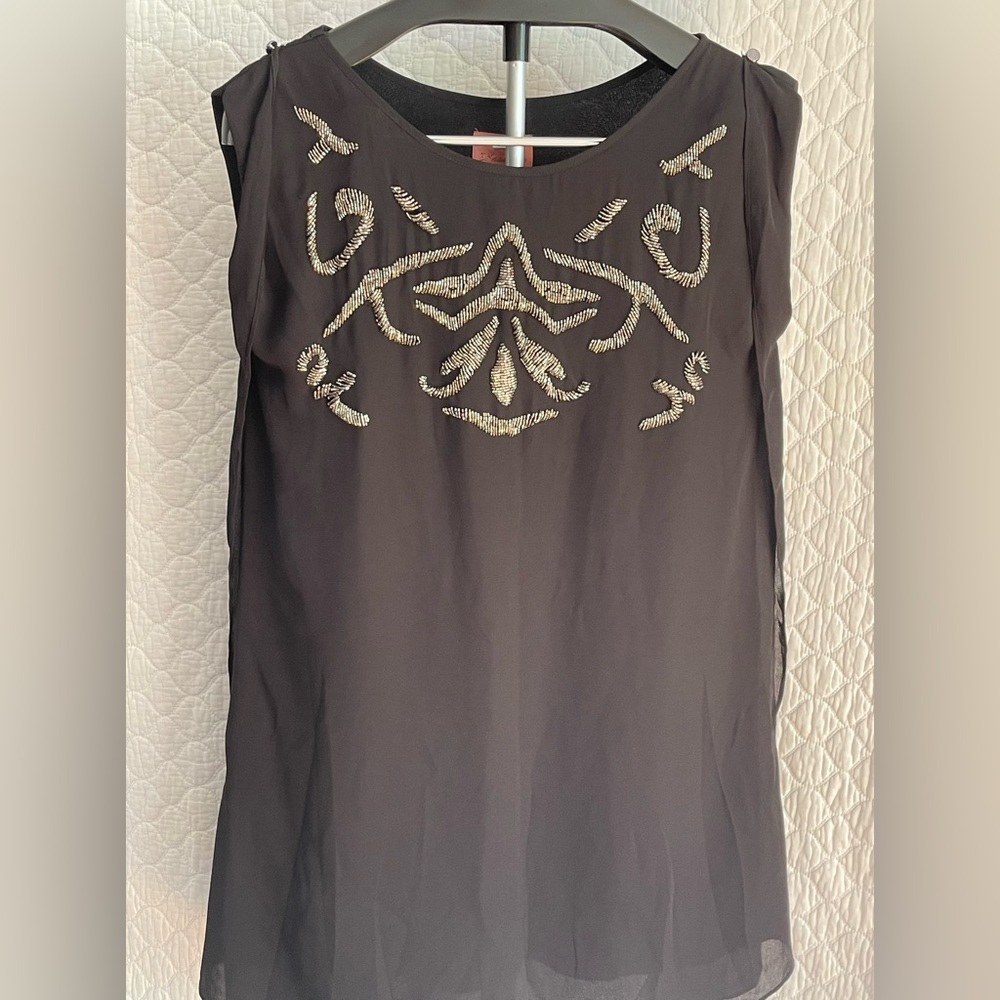 Size Medium. Black sequin & chiffon cocktail mini dress.
